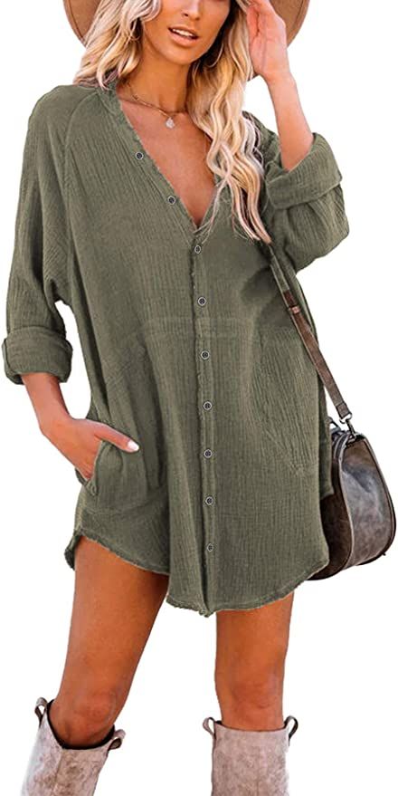 iGENJUN Women's Long Sleeve Button Down Oversized Tunic Dress Shirt Boho Dresses with Pockets | Amazon (US)