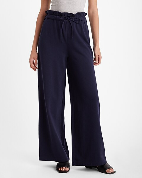 High Waisted Knit Drawstring Paperbag Wide Leg Pant | Express