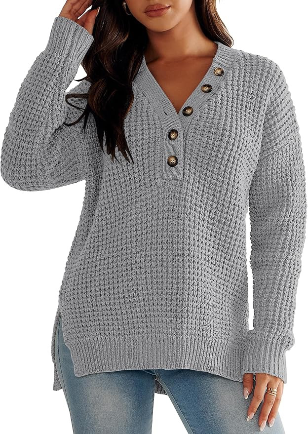 ANRABESS Womens Oversized Sweater Long Sleeve Loose V Neck Button Jumper Casual Waffle Side Slit ... | Amazon (US)