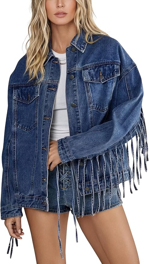 Omoone Women's Oversized Denim Fringed Jacket Tassel Jean Jackets Fall Outfits 2025 with Pockets | Amazon (US)