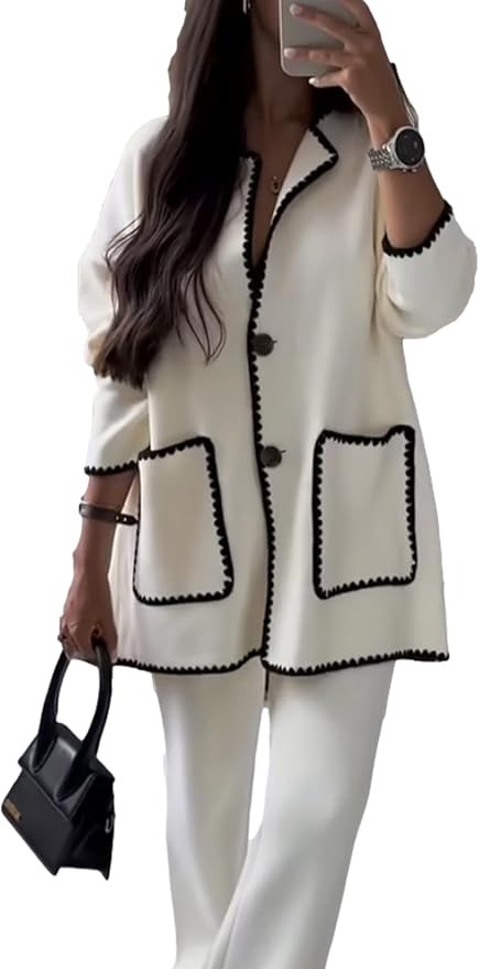 Silly Turtle Womens Two Piece Outfits Long Sleeve Patchwork Knit Top Wide Leg Pants Lounge Sets | Amazon (US)