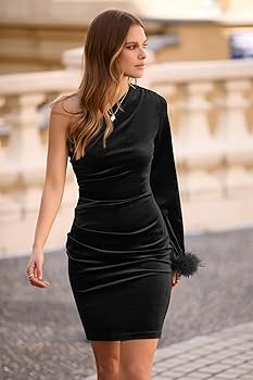 PRETTYGARDEN Women's Fall Long Sleeve Velvet Dress One Shoulder Mini Bodycon Wedding Guest Party ... | Amazon (US)