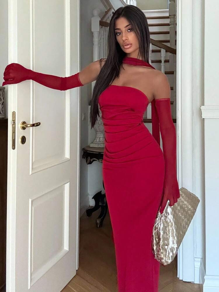 Women’s red long dress with gloves and scarf | SHEIN
