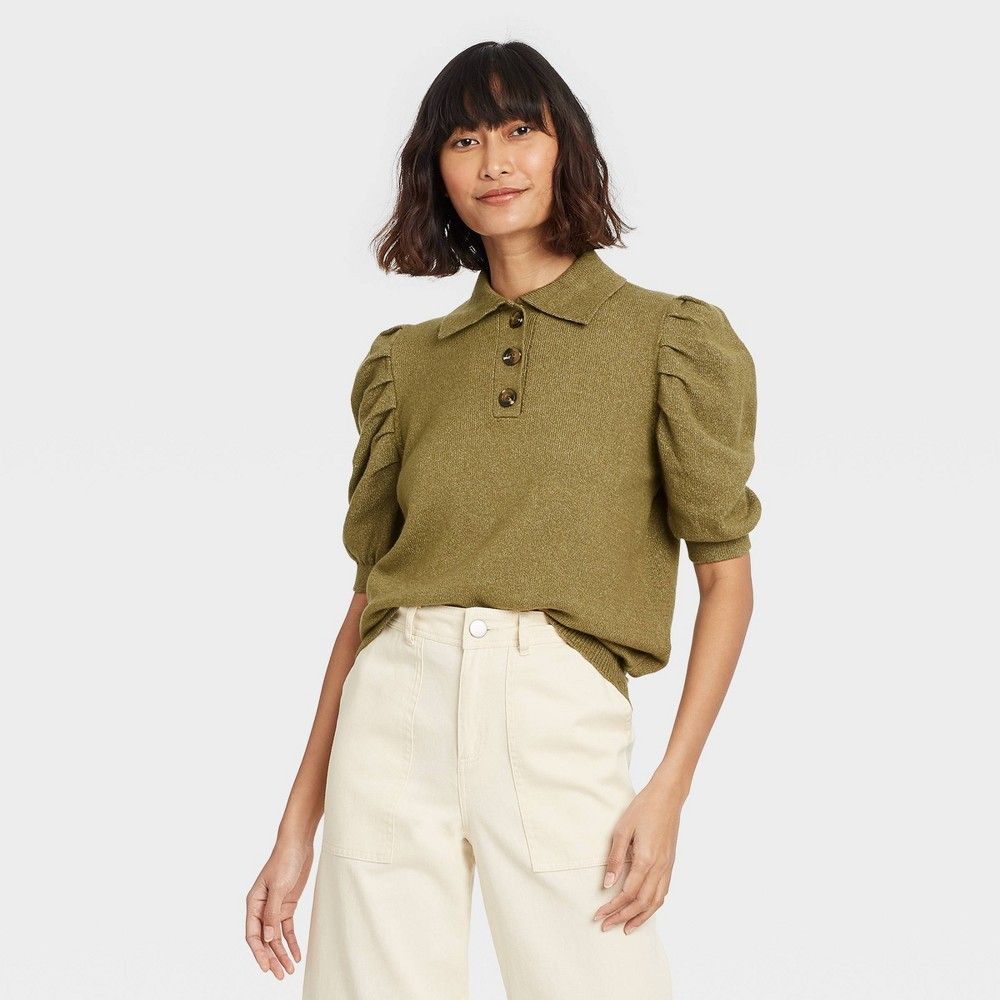 Women's Puff Elbow Sleeve Crewneck Pullover Sweater - Who What Wear Green L | Target
