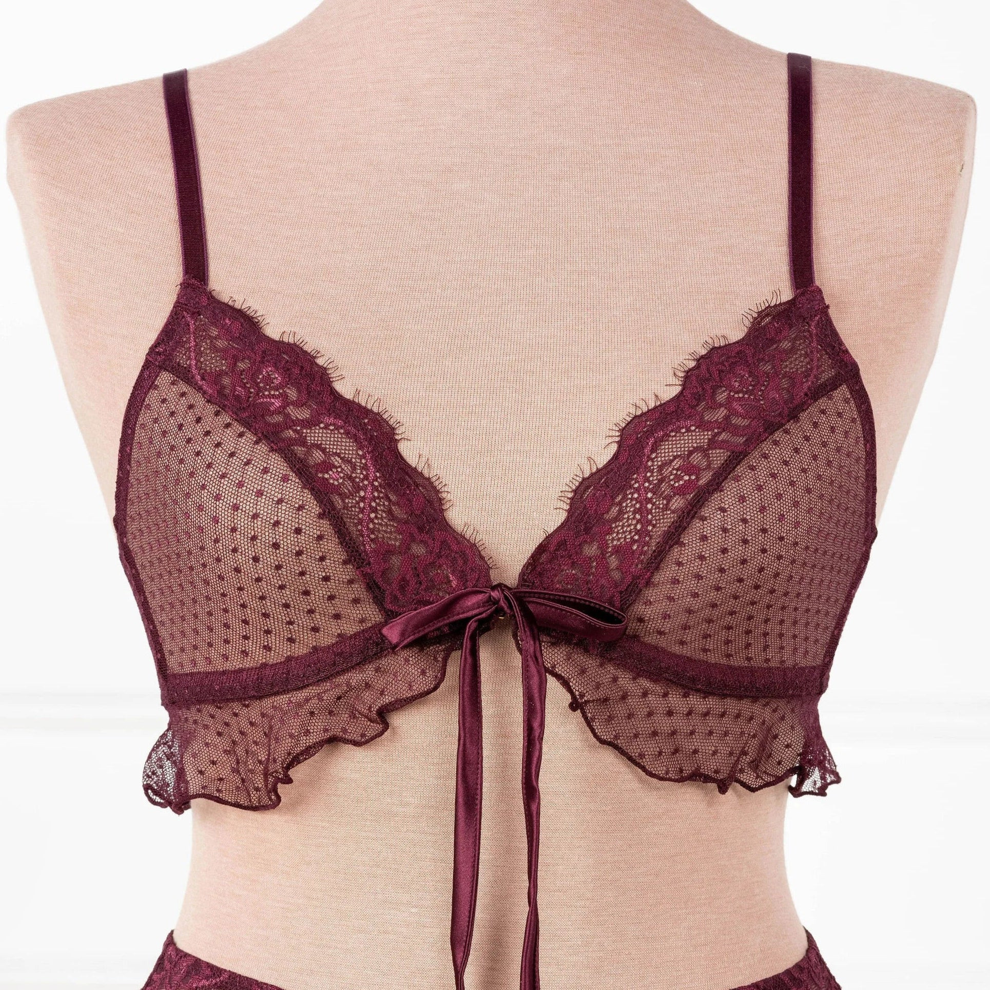 Lace & Mesh Ruffle Bralette - Cherry Lacquer | Mentionables