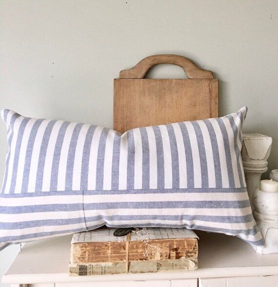Linen and Cotton Pillow Cover  Blue Linen Wide Ticking Stripe | Etsy | Etsy (US)