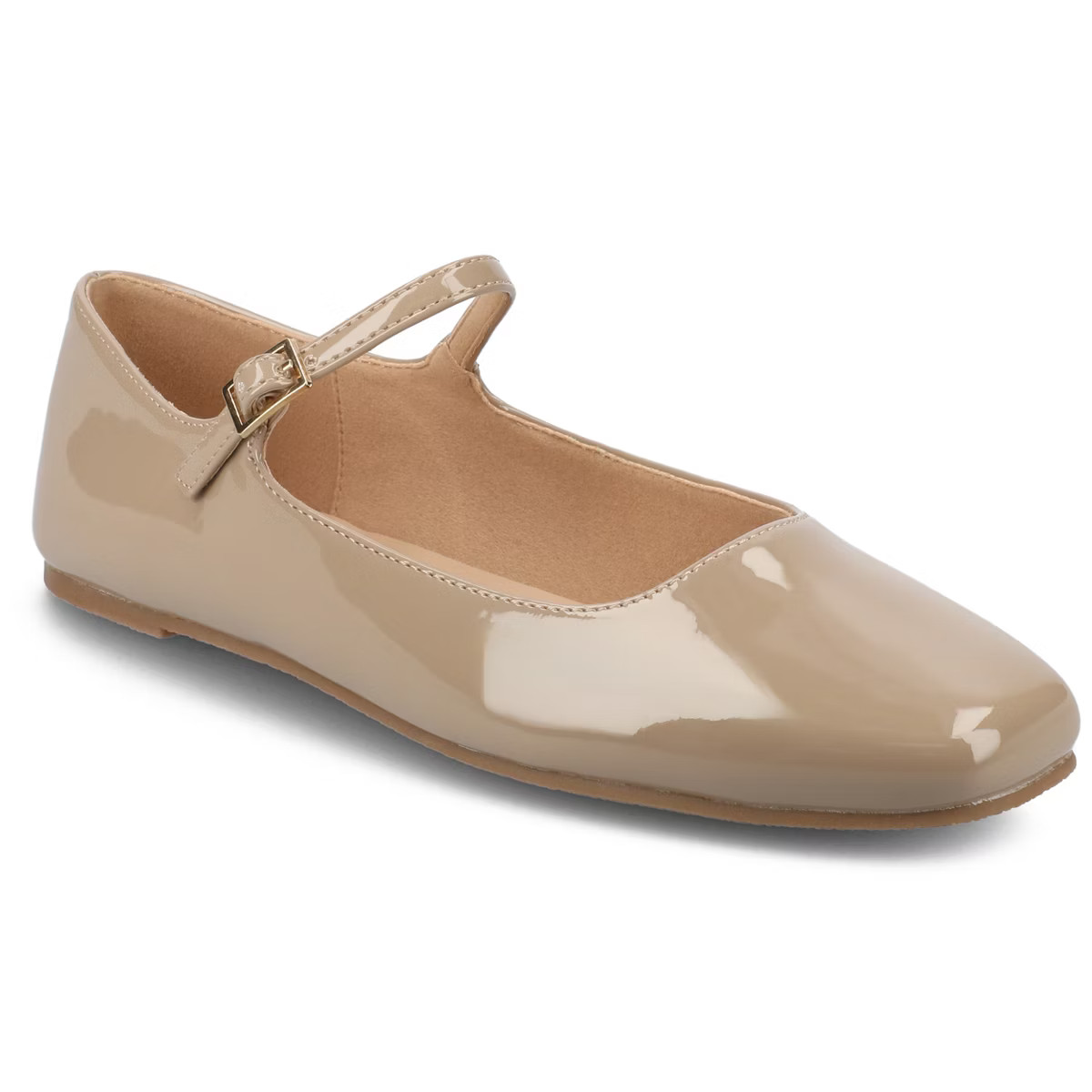 Journee Womens Carrie Buckle Square Toe Mary Jane Flats, Patent/Taupe 8 | Target