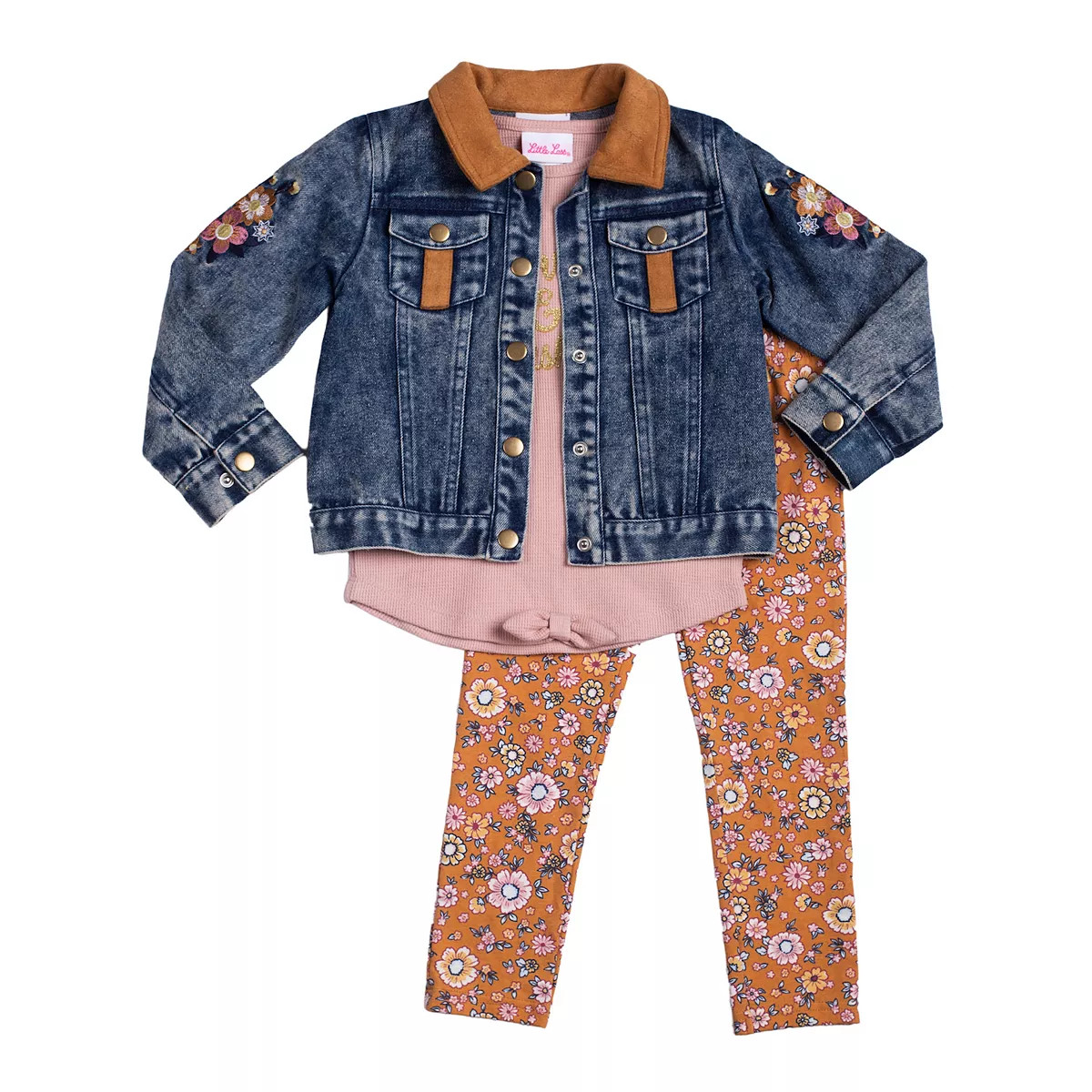 Baby & Toddler Girl Little Lass Floral Embroidered Denim Jacket, Tee, & Printed Leggings Set | Kohl's