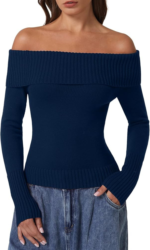 QINSEN Cotton Off The Shoulder Sweater for Women Long Sleeve Ribbed Knit Pullover Sweater Slim Fi... | Amazon (US)