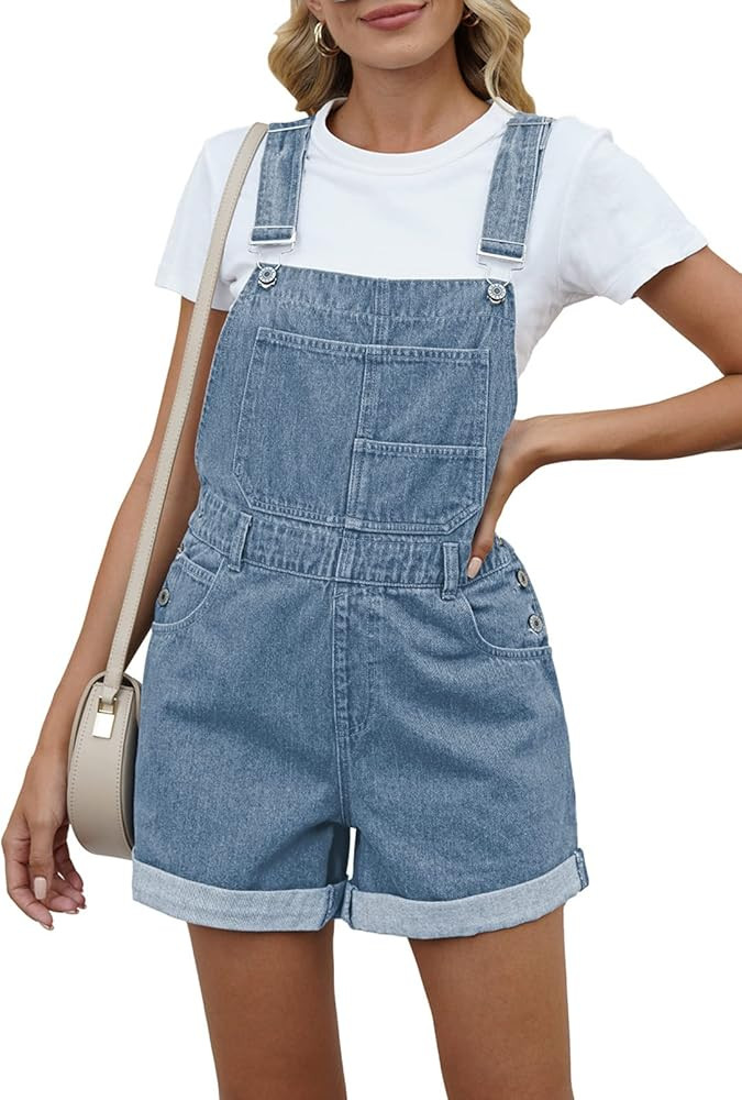 Pink Queen Women's Denim Shortalls Casual Adjustable Straps High Waist Bib Jeans Overalls Shorts ... | Amazon (US)