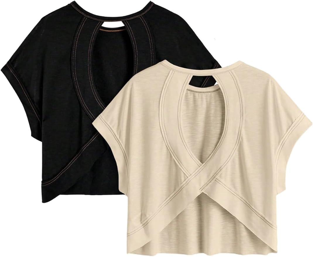 RoseSeek Women's 2 Packs Open Back Tops Criss Cross Cut Out Summer Casual T Shirt Crewneck Short ... | Amazon (US)