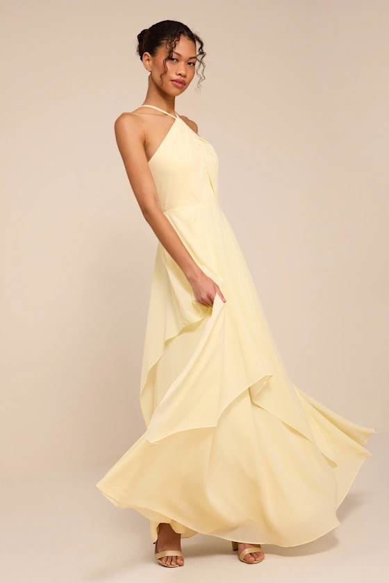 Aletta Pale Yellow Tiered Halter Maxi Dress | Lulus
