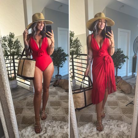 Lady in red! Wearing size M in this one piece suit with matching wrap. Bag is not exact just linked for inspo!

#LTKSwim #LTKOver40 #LTKStyleTip