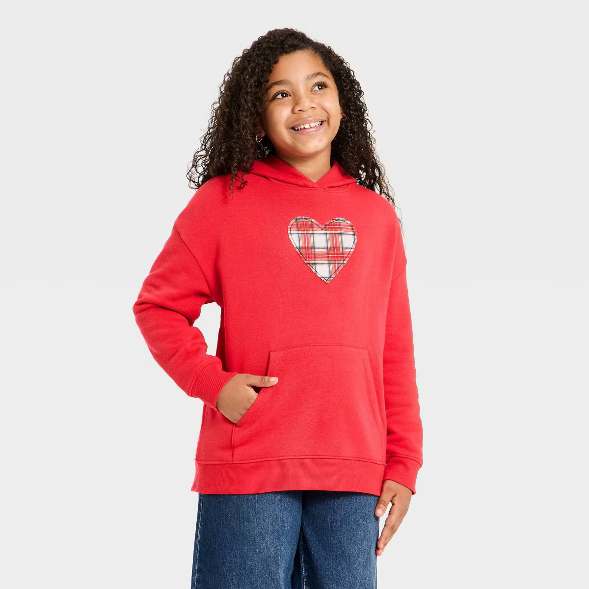 Girls' Plaid Heart Oversized Hooded Fleece Sweatshirt - Red | Target