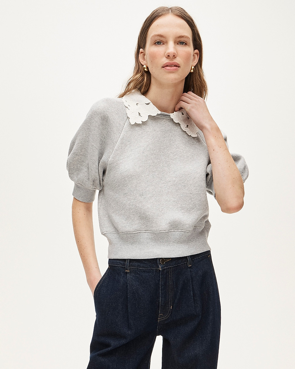 Heritage terry puff-sleeve sweatshirt with eyelet collar | J. Crew US