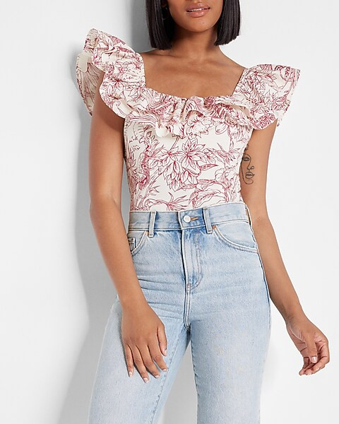 Printed Poplin Ruffle Sleeve Thong Bodysuit | Express