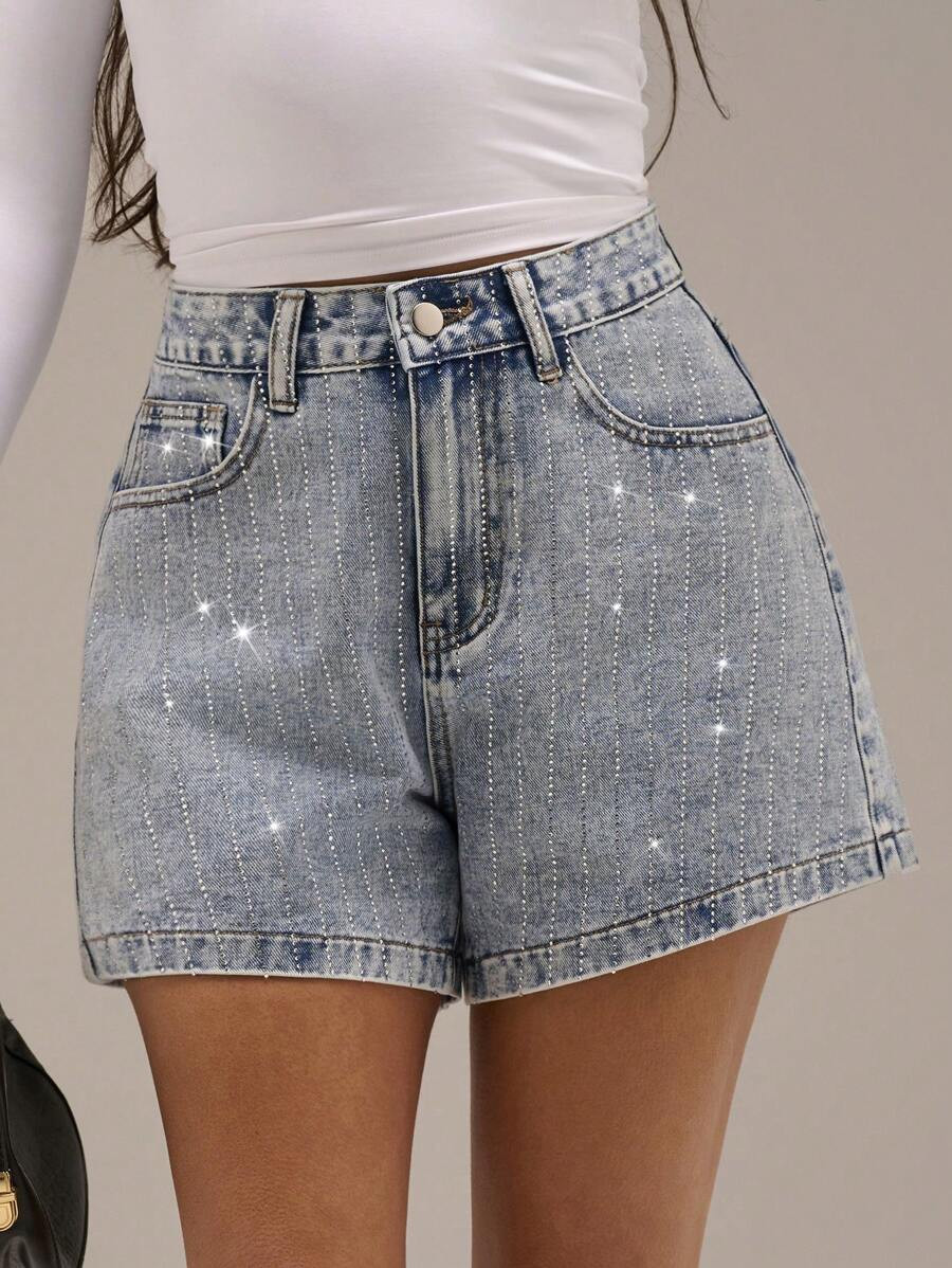 Avantive Summer New Washed Distressed Rhinestone Embellished Vintage Party Women Denim Shorts | SHEIN
