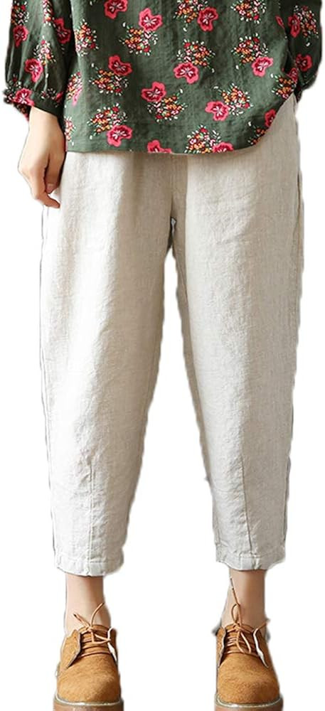 LaovanIn Women's Linen Cropped Pants Tapered Ankle Capris Trousers Elastic Waist | Amazon (US)
