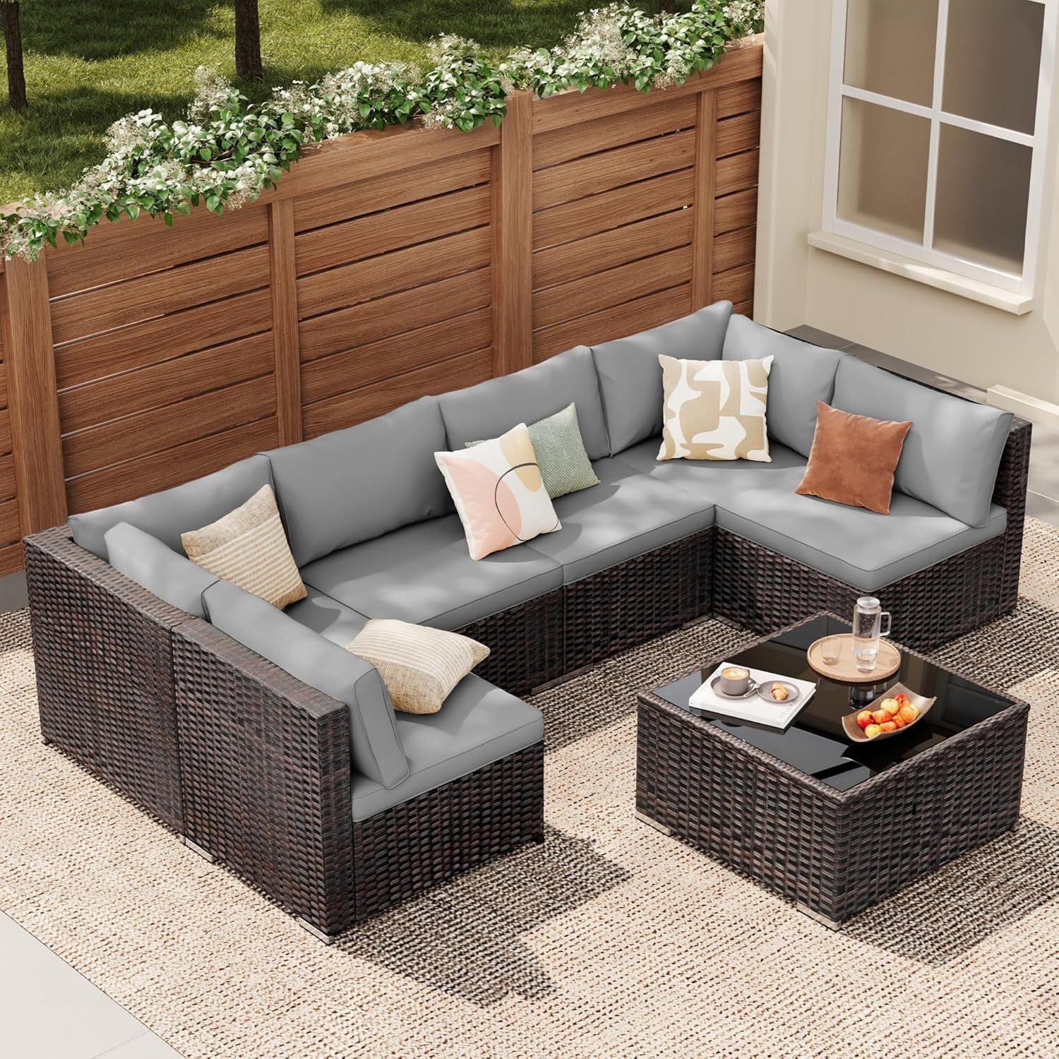 Patio Furniture Set, Lofka 7-Piece Outdoor Sectional Furniture Set with Glass Coffee Table Garden... | Walmart (US)