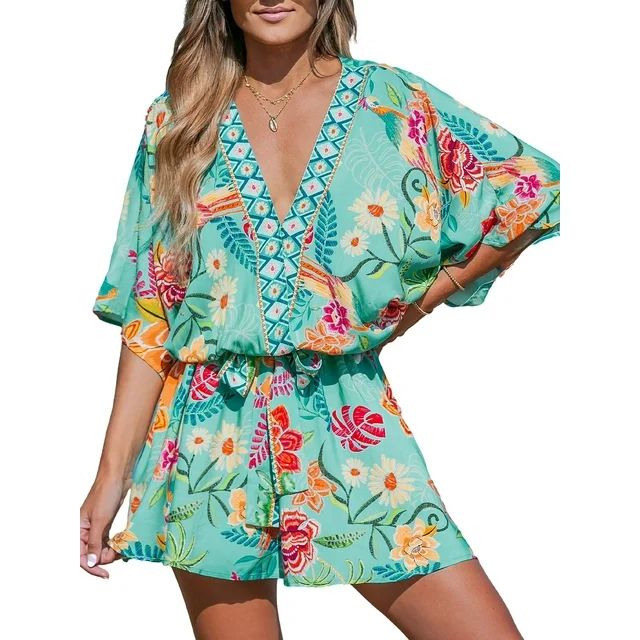 CUPSHE Women's Mini Dress V Neck Floral Half Dolman Sleeeve Belted Loose Fit Short Summer Beach D... | Walmart (US)