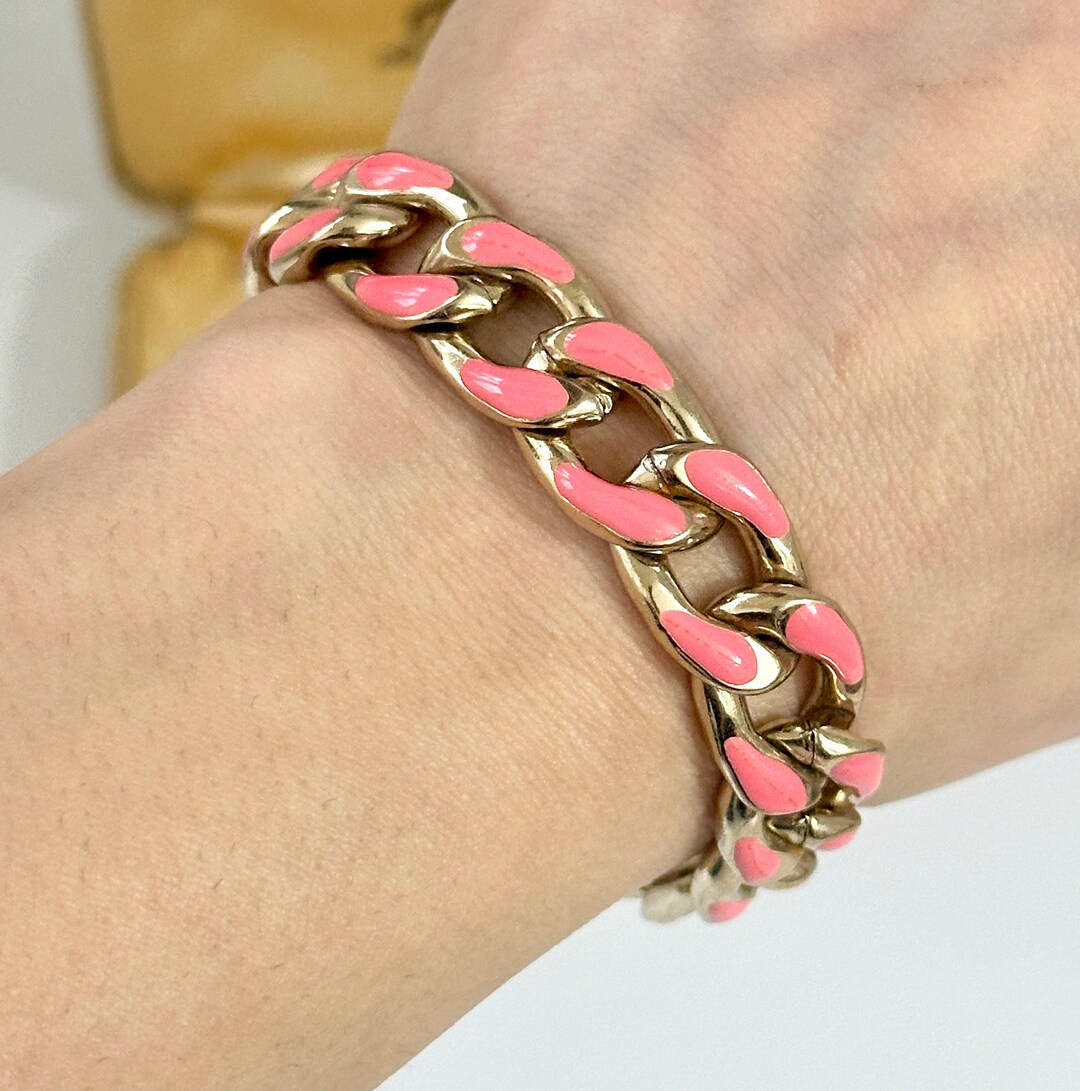Vintage 1980s 18ct Gold Plated Pink Enamel Accent Chain Link Bracelet, Art Deco Style Gold Chain ... | Etsy (US)