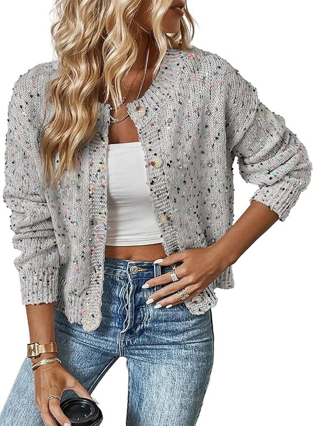 SELINK Women's Cardigan Sweater Elegant Rhinestone Decor Multicolor Confetti Sweater Cardigan Sol... | Amazon (US)