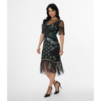 Unique Vintage Women's Nadine Fringe Flapper Dress Black Peacock S/4 | Target