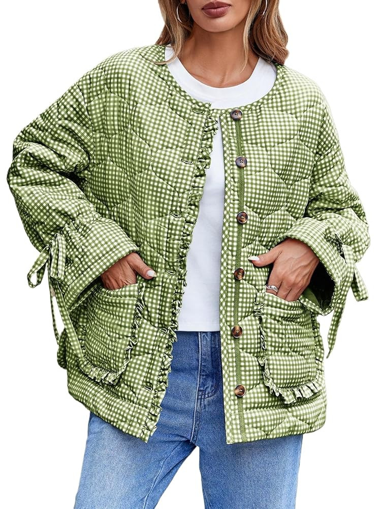 Tankaneo Womens Cropped Quilted Puffer Jackets Lightweight Plaid Button Down Bow Padded Down Coat | Amazon (US)
