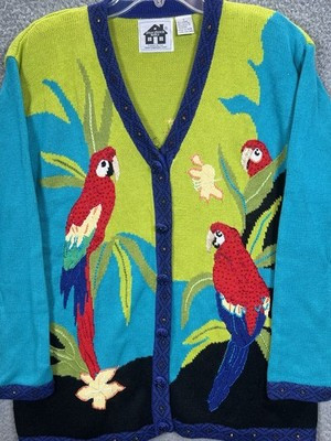 Vtg Storybook Knits Sz Large Tropical Parrots Sweater Teacher Cardigan Grandma | eBay US