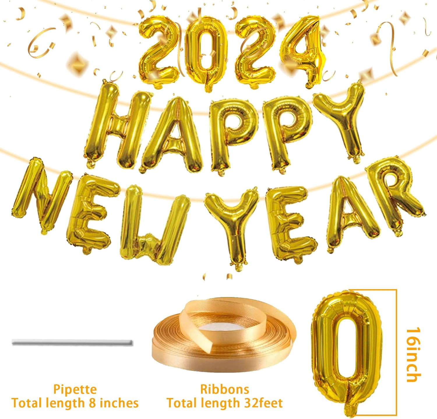 Happy New Year Balloons Decorations 2024,16 Inch Gold Confetti Foil 2024 Balloon Numbers,New Year... | Amazon (US)