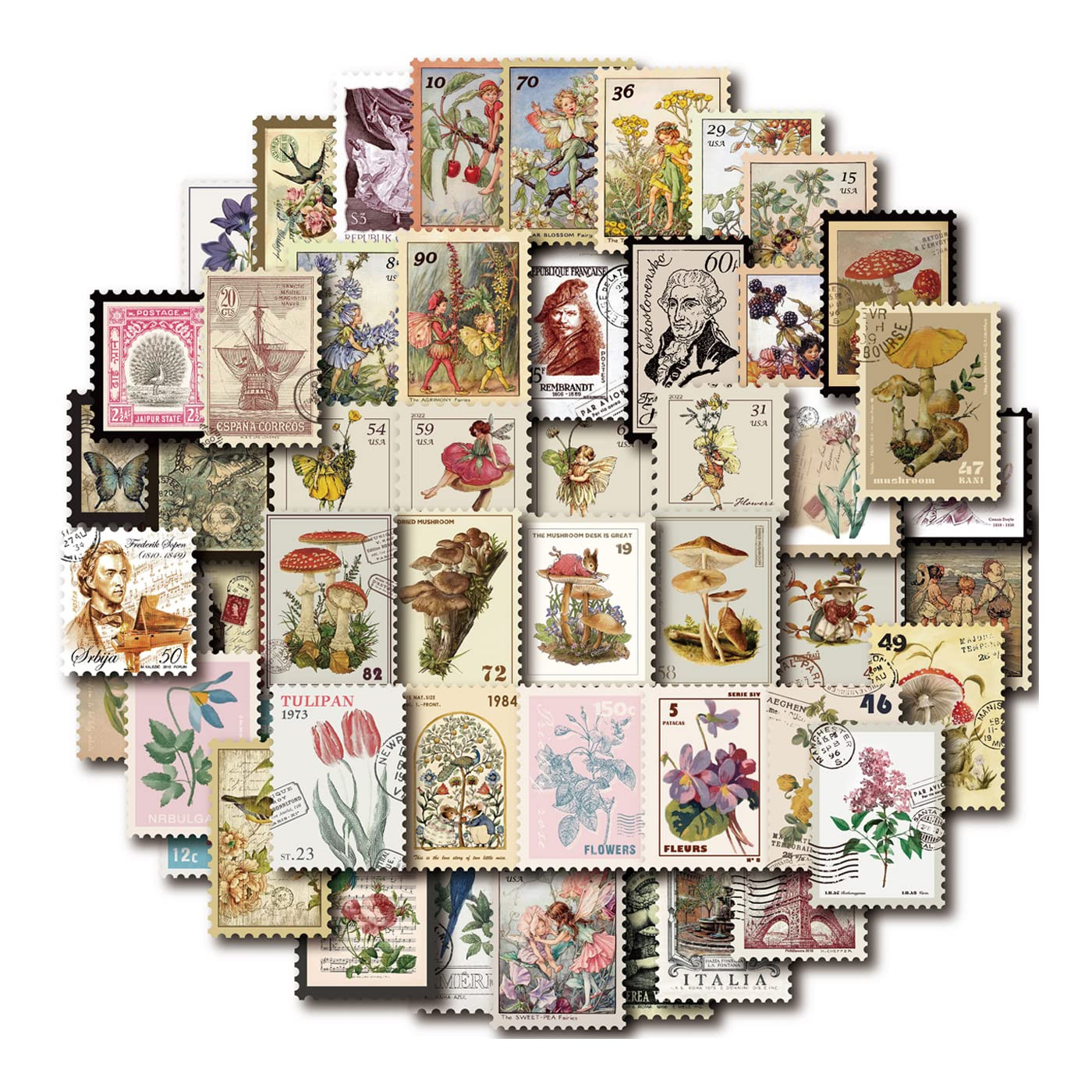 Vintage Postage Stamp Stickers for Scrapbook, 100 Pcs Deco Paper Stickers for Bullet Journal,Bota... | Amazon (US)