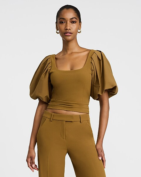 Studio Stretch Crepe Scoop Neck Puff Sleeve Top | Express