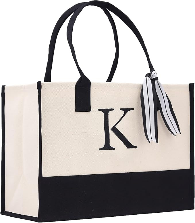 Premium Quality Personalized Gift Monogram Initial 100% Cotton Two Tone Chic Tote Bag with Custom... | Amazon (US)