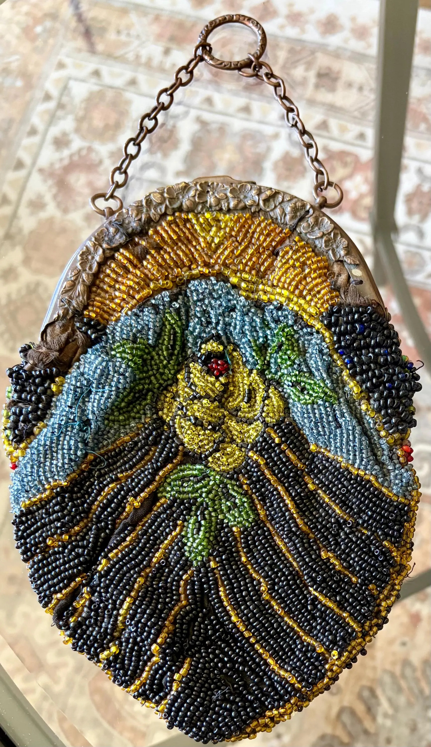 Antique 1920s Art Deco Micro-Beaded Purse – Floral Yellow Rose Evening Bag with Ornate Frame & Finger Ring Chain | Etsy (Global)