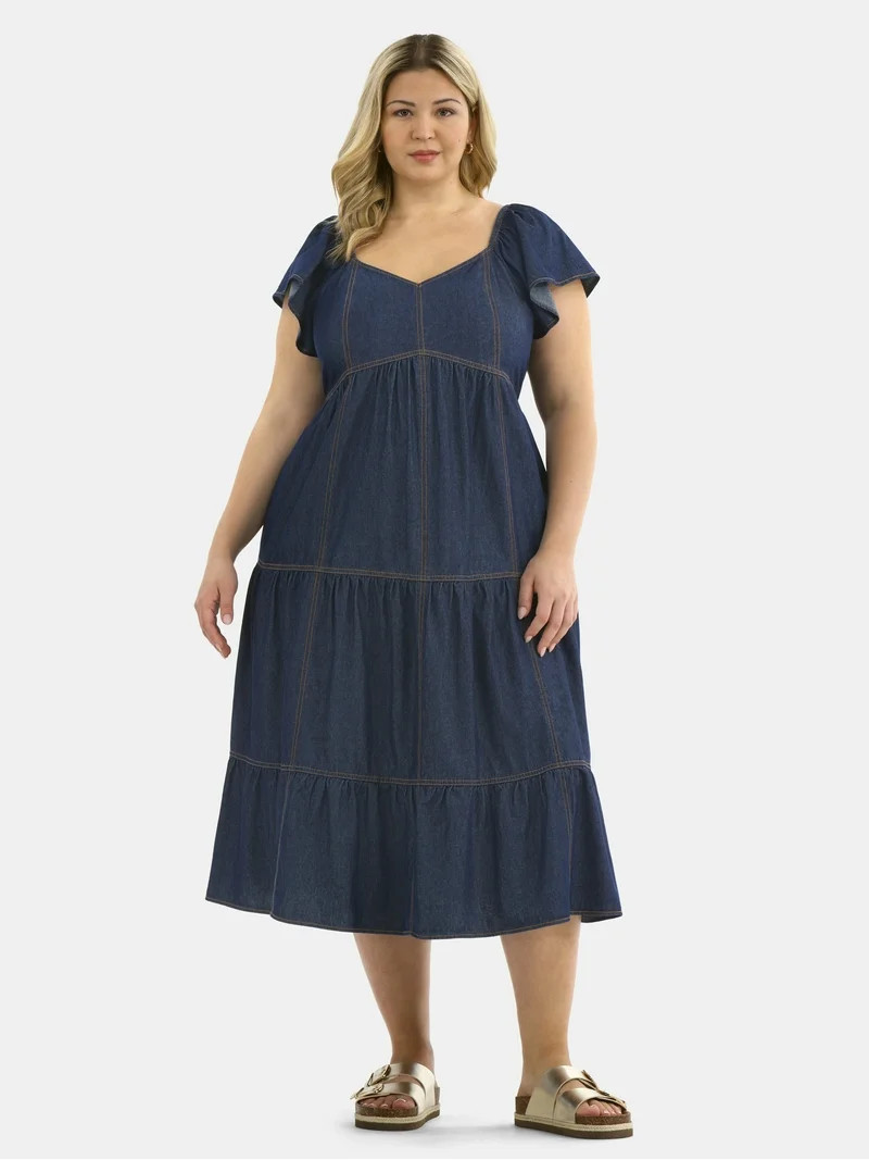 Terra & Sky Women's Plus Flutter Sleeve Midi Tiered Dress, Sizes 0X-5X | Walmart (US)