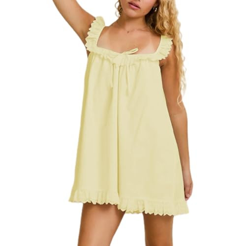 Women Y2K Babydoll Mini Dress Cute Bow Lace Trim Pleated Ruffle Short Sundress Casual Party Vacation One Pieces(4#Yellow, S) | Amazon (US)