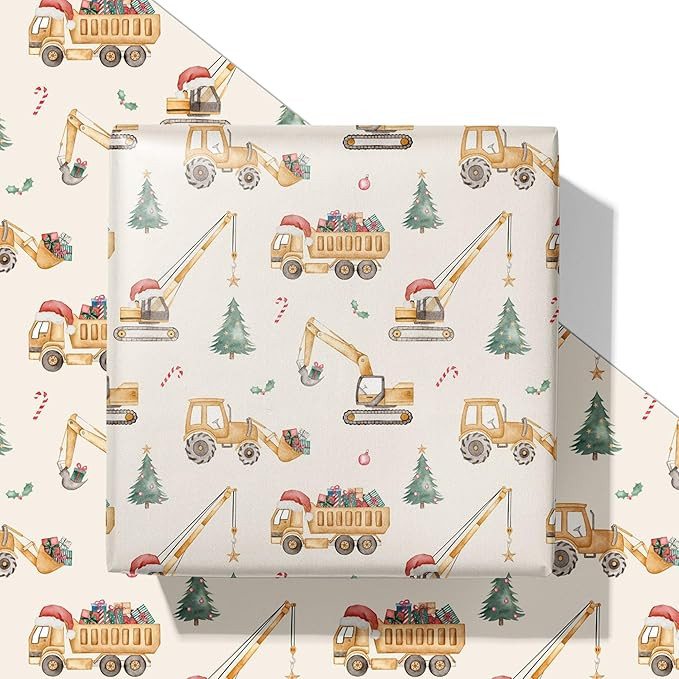 SaringSwoon Construction Christmas Wrapping Paper for Kids - Holiday Wrapping Paper with Dump Tru... | Amazon (US)