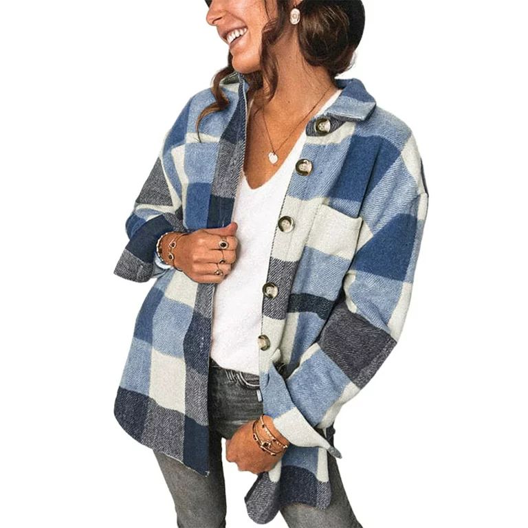Lumiereholic Women's Plaid Shacket Jacket Coat Flannel Button Down Casual Shirt Tops | Walmart (US)