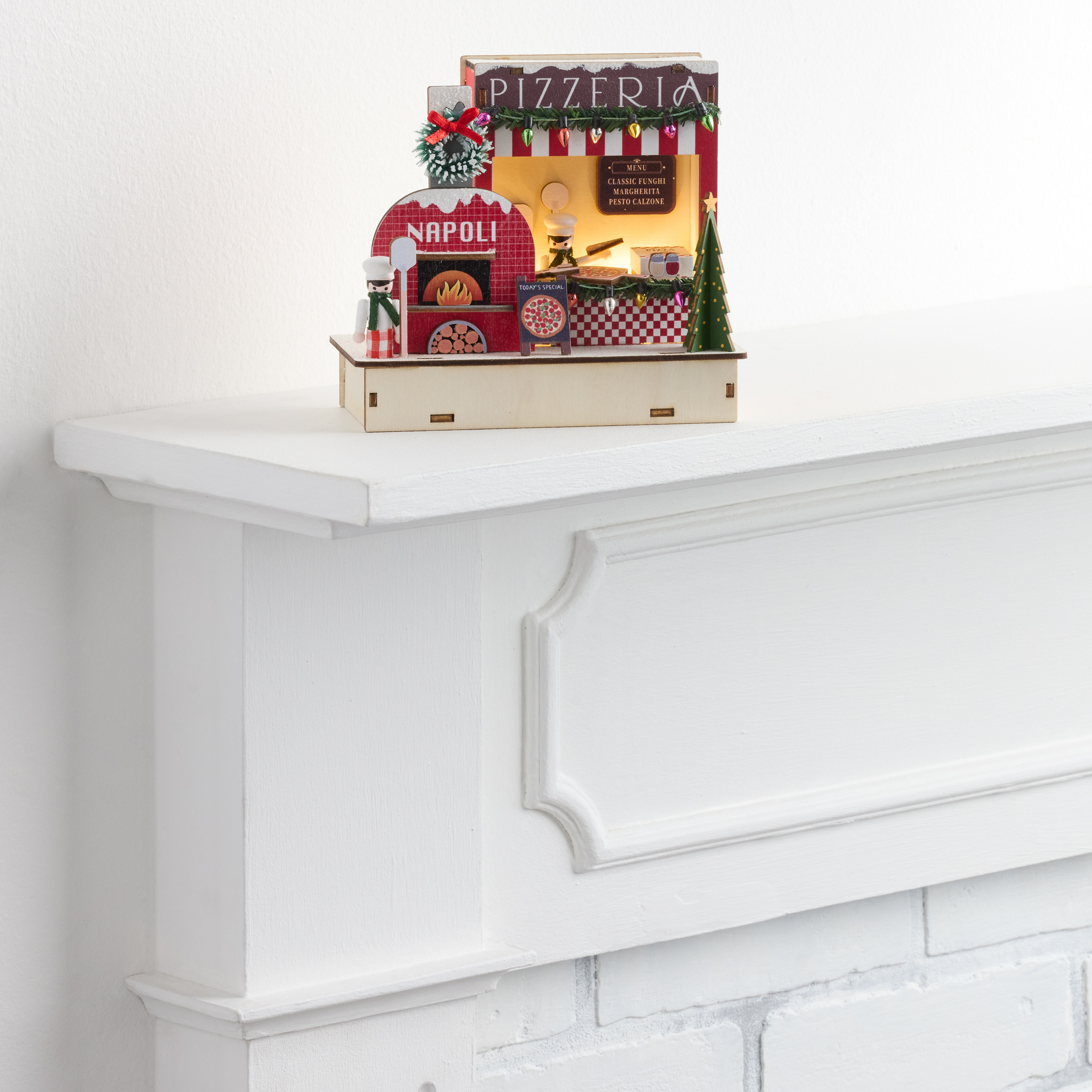 Laser Cut Wood Holiday Pizza Stall LED Light Up Decor | World Market