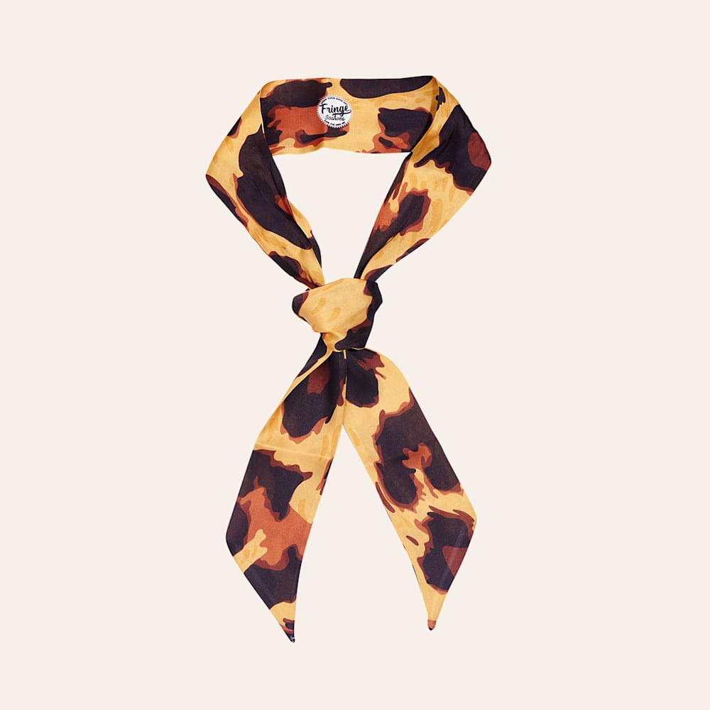 Fringe Scarves Gold, Black & Brown Leopard Print Twilly | Cavender's