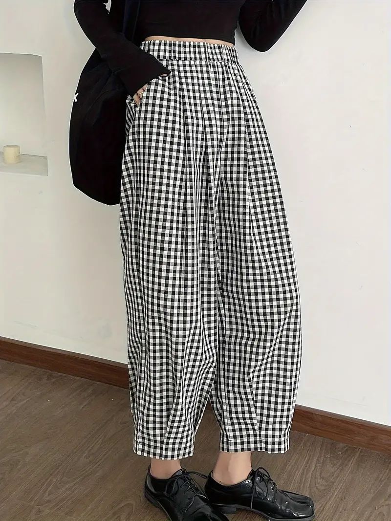 Plaid Print Elastic Waist Pants, Casual Loose Cropped Pants For Spring & Summer, Women's Clothing | Temu Affiliate Program