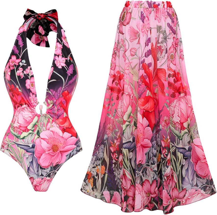 FLAXMAKER Women's Lace-up Neck Deep V Neck Strapless Printed One-Piece Swimsuit and Sarong/Skirt | Amazon (US)