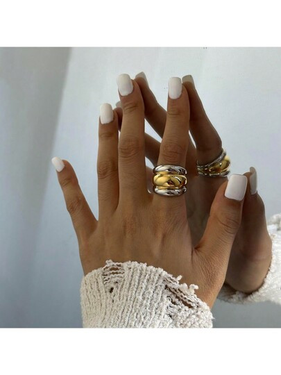 Uworld 1pc 18k Gold Plated Stainless Steel Gold And Silver Colorblock  Three Layer Raised Ribbed Colorblock Ring Women Fashion High Quality Jewelry - Size 7 | SHEIN