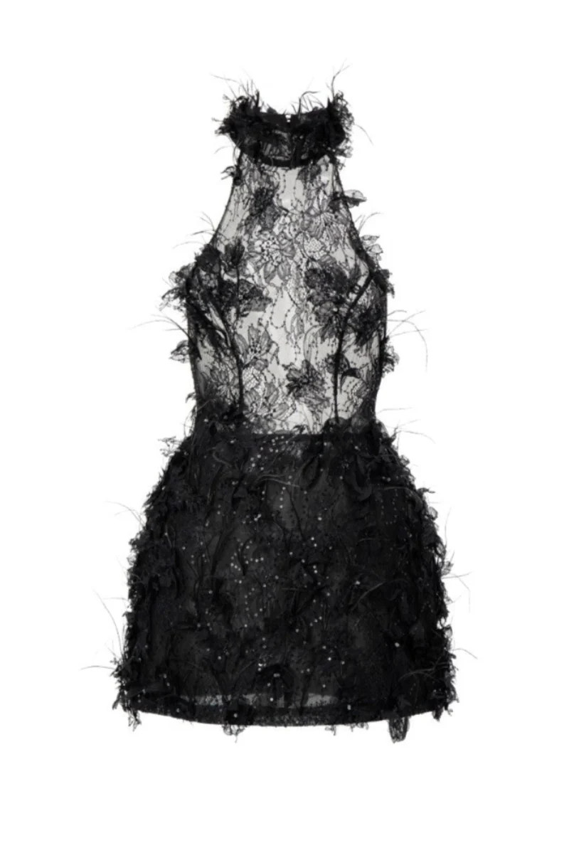 ASAD LACE FLOWER AND FEATHER DRESS IN BLACK | 21Six | CULT MIA | CULT MIA UK LTD
