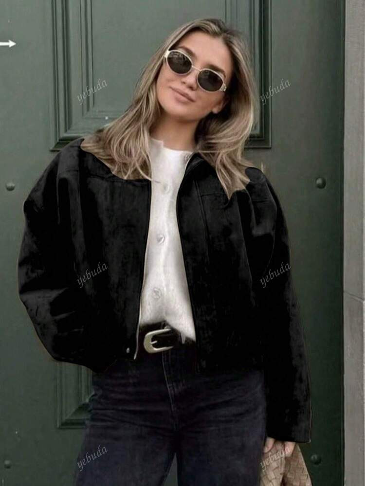 Women's Stylish And Elegant Four-Season Solid Lapel Front Buckle Bomber Jacket For Everyday Wear | SHEIN