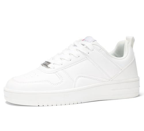 LUCKY STEP Women Fashion Sparkle Rhinestone Sneakers White Leather Low Top Tennis Shoes Lace Up Casual Comfortable Walking Shoe(All White,8.5B(M) US) | Amazon (US)