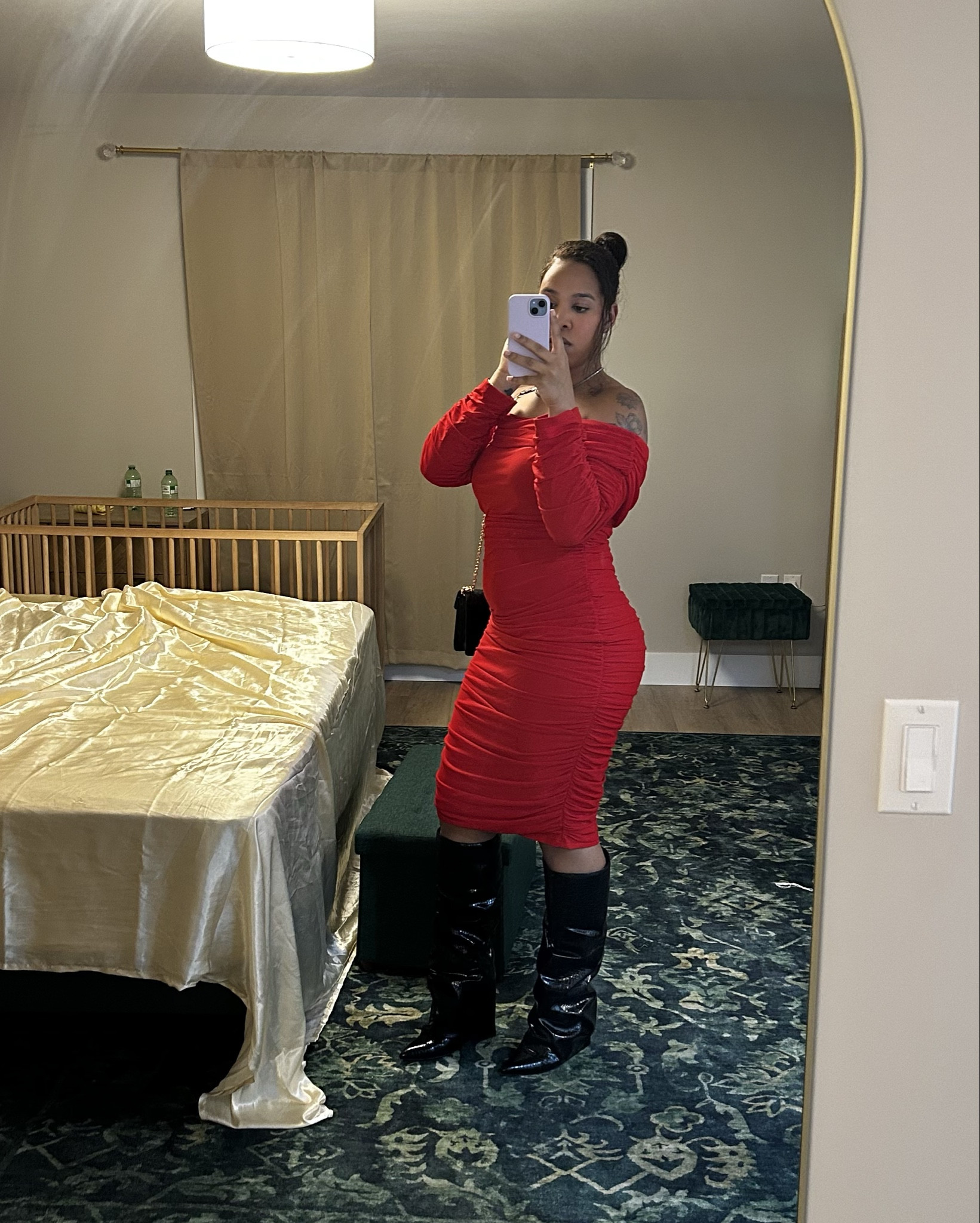 AMAZON FIND: Red off the shoulder dress and Faux Leather Fold over Chunky Heel Boots 

Dress Link: 
https://amzn.to/4tQTsWy
Boots Link:
https://amzn.to/4tQTsWy