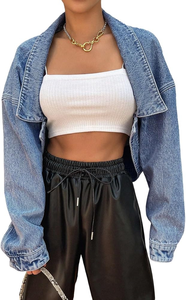 Floerns Women's Y2k Long Sleeve Cropped Denim Drop Shoulder Going Out Jean Jacket | Amazon (US)