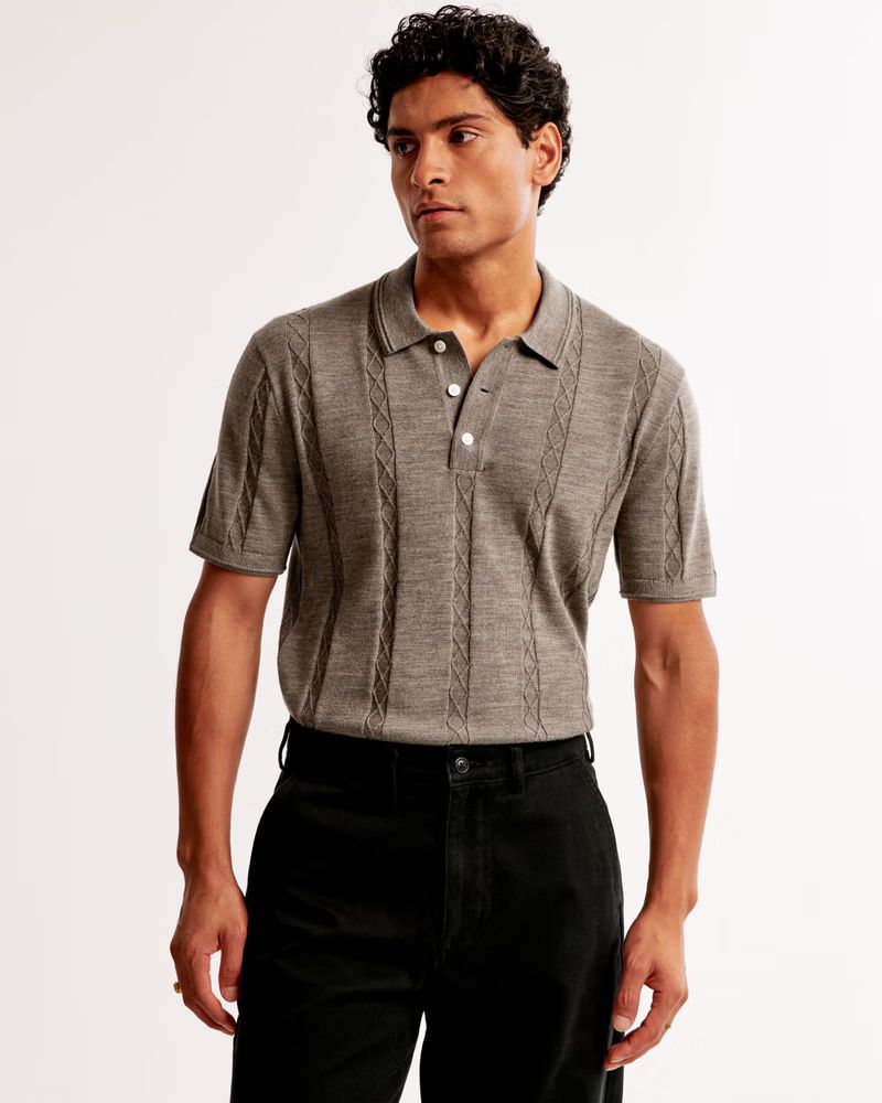 Merino Wool-Blend Cable 3-Button Sweater Polo | Abercrombie & Fitch (US)