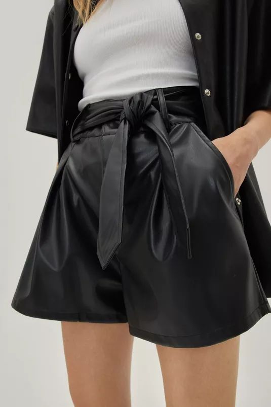 Faux Leather High Waisted Belted Mom Shorts | NastyGal (UK, IE)